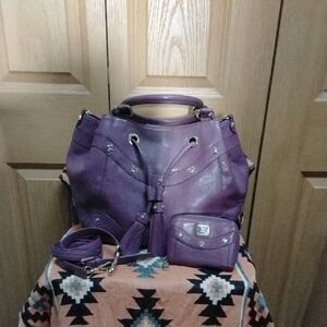 MCM Purple Drawstring Bucket Bag And Matching Wallet Set